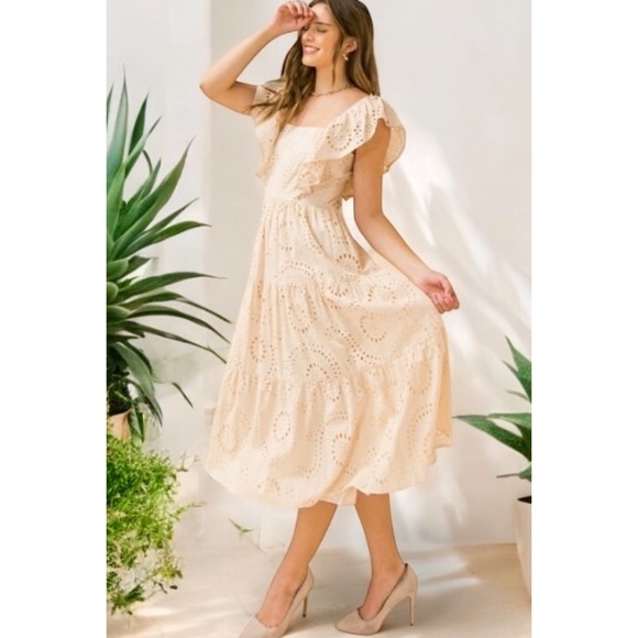 Flying Tomato Natural Beige Cotton Eyelet Midi Dress with Back Bow Tie - Picture 6 of 11